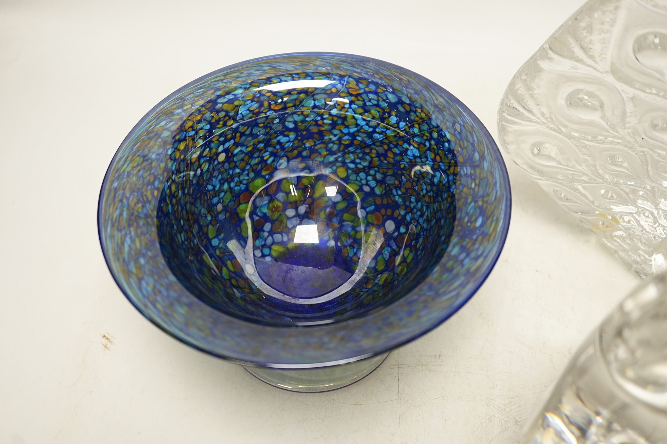 A pair of Orrefors glass cockerels, a peacock and an Isle of Wight bowl, largest 24cm high. Condition - good